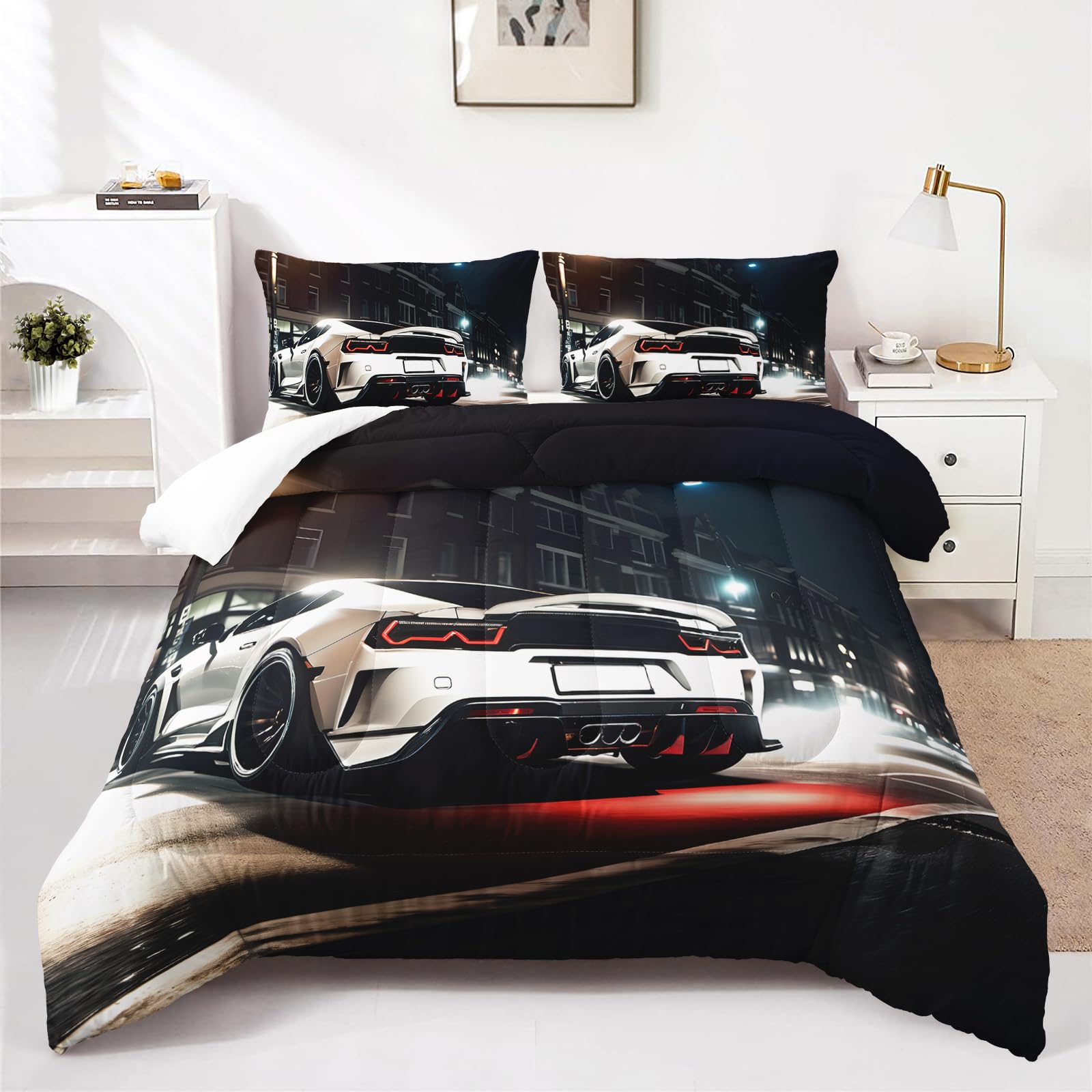 Nttopship Sports Car Comforter Set Queen Size,100% Soft Ultra-fine Fiber Four Season White Racing Car Comforter Set with 1 Comforter and 2 Pillow Case