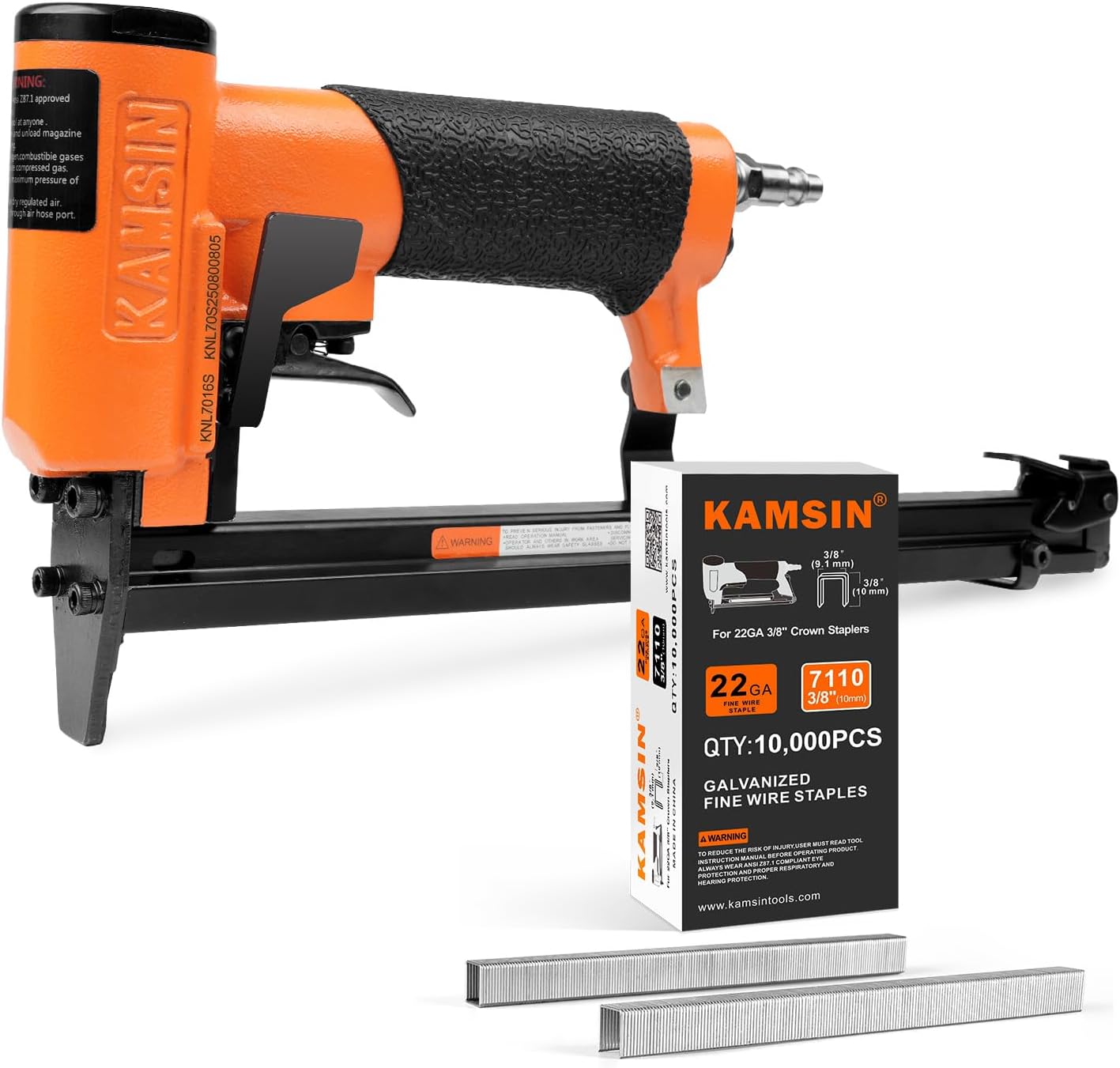 KNL7116S 22 Gauge Pneumatic Upholstery Stapler Bundle with 10,000pcs 3/8" Crown 3/8" Leg Length KAMSIN 7110 Staples