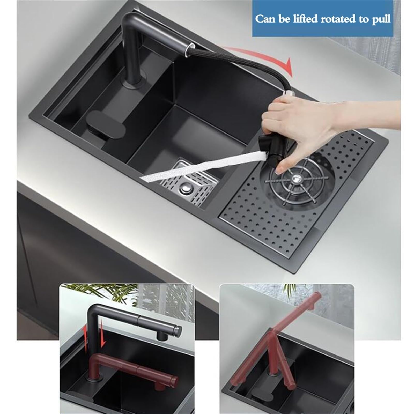Fregadero de sifón invisible de acero inoxidable para caravanas y campistas, arandela de vidrio compacta con grifo de tracción para hogares pequeños y barras de cocina (60 x 40 x 23 cm)