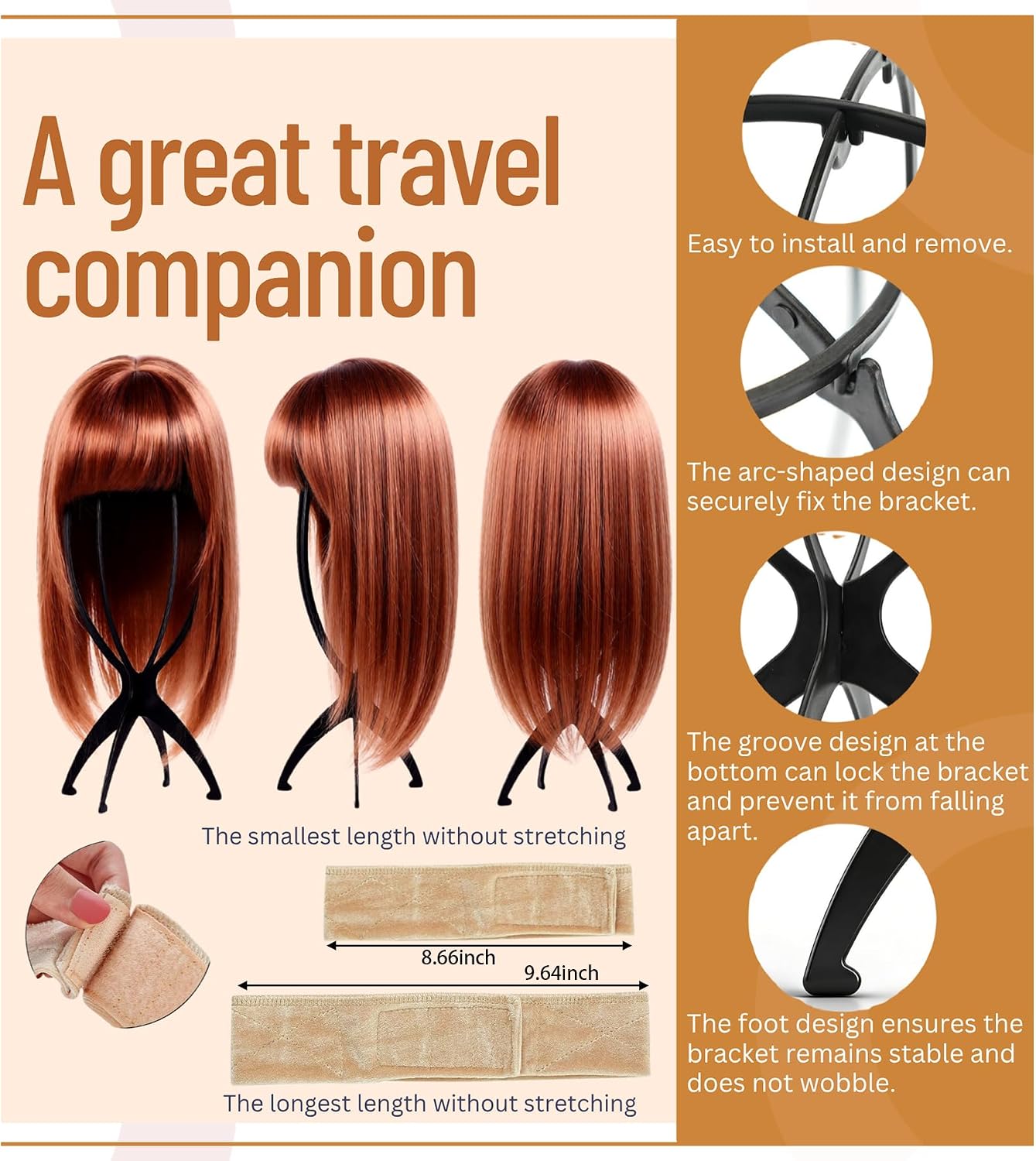 11PCS Wig Stand Wig Grip Band set , Travel Wig Head Stand Holder for Women Multiple Wigs Styling, Black