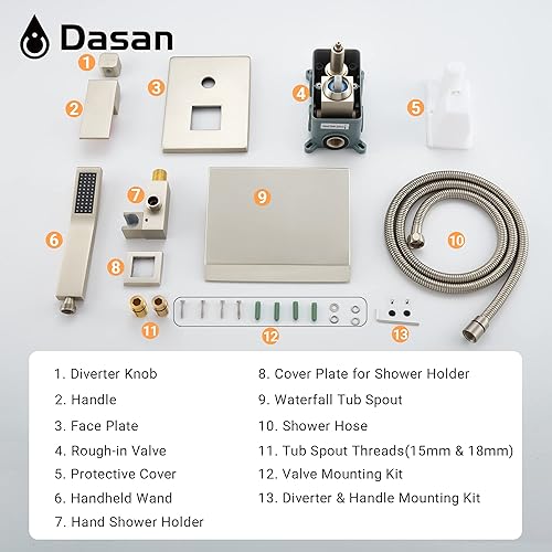 Miniatura 8 de DASAN - Grifo de llenado de bañera de montaje en pared mejorado con ducha de mano, grifo de bañera moderno montado en la pared de níquel cepillado