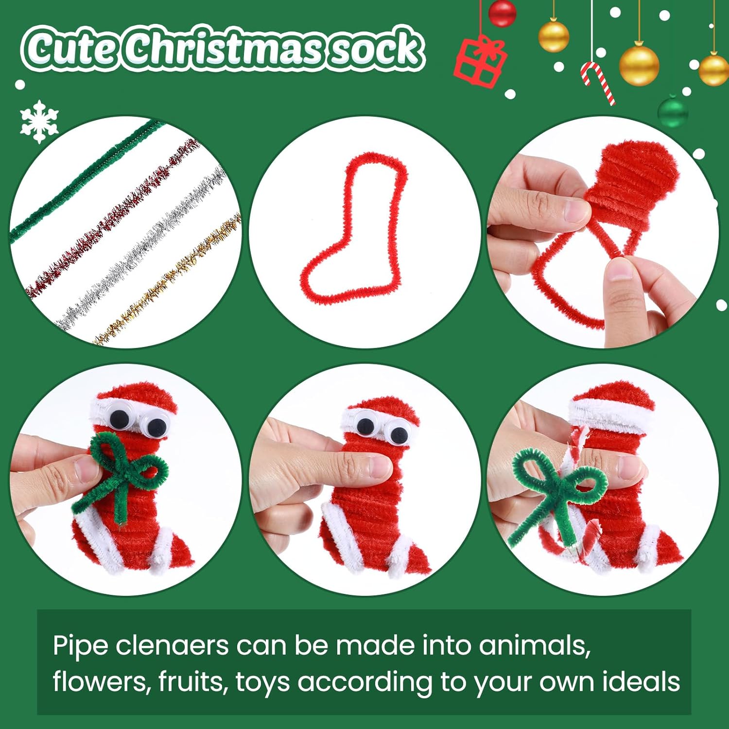 Jenaai 1300 Pcs Christmas Colors Pipe Cleaners Craft Supplies 1200 Pipe Cleaners Bulk Chenille Stems for DIY 100 Adhesive Wiggle Eye Art Craft Supplies Decoration(Fresh Color)