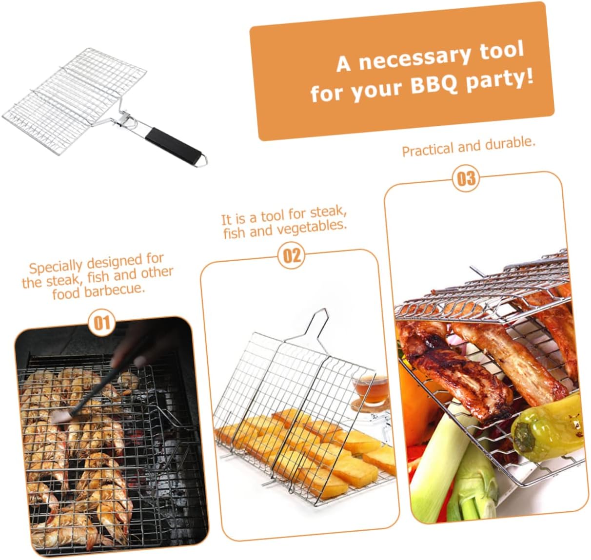 Stainless Steel BBQ Grill Basket Portable Foldable Rack for Outdoor Grilling Removable Design for Fish and Veggies for Picnics and Parties