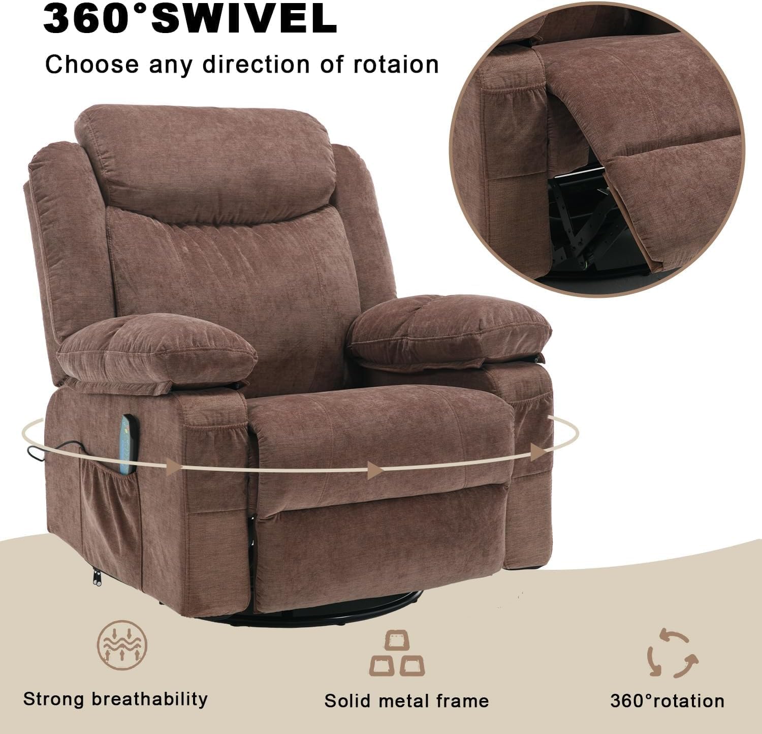 Overstuffed Swivel Rocker Recliner Chair with Massage and Heat, Oversized Rocking Nursery Recliners with Cup Holders, Fabric Manual Reclining Home Theater Chair for Adults Living Room, Brown
