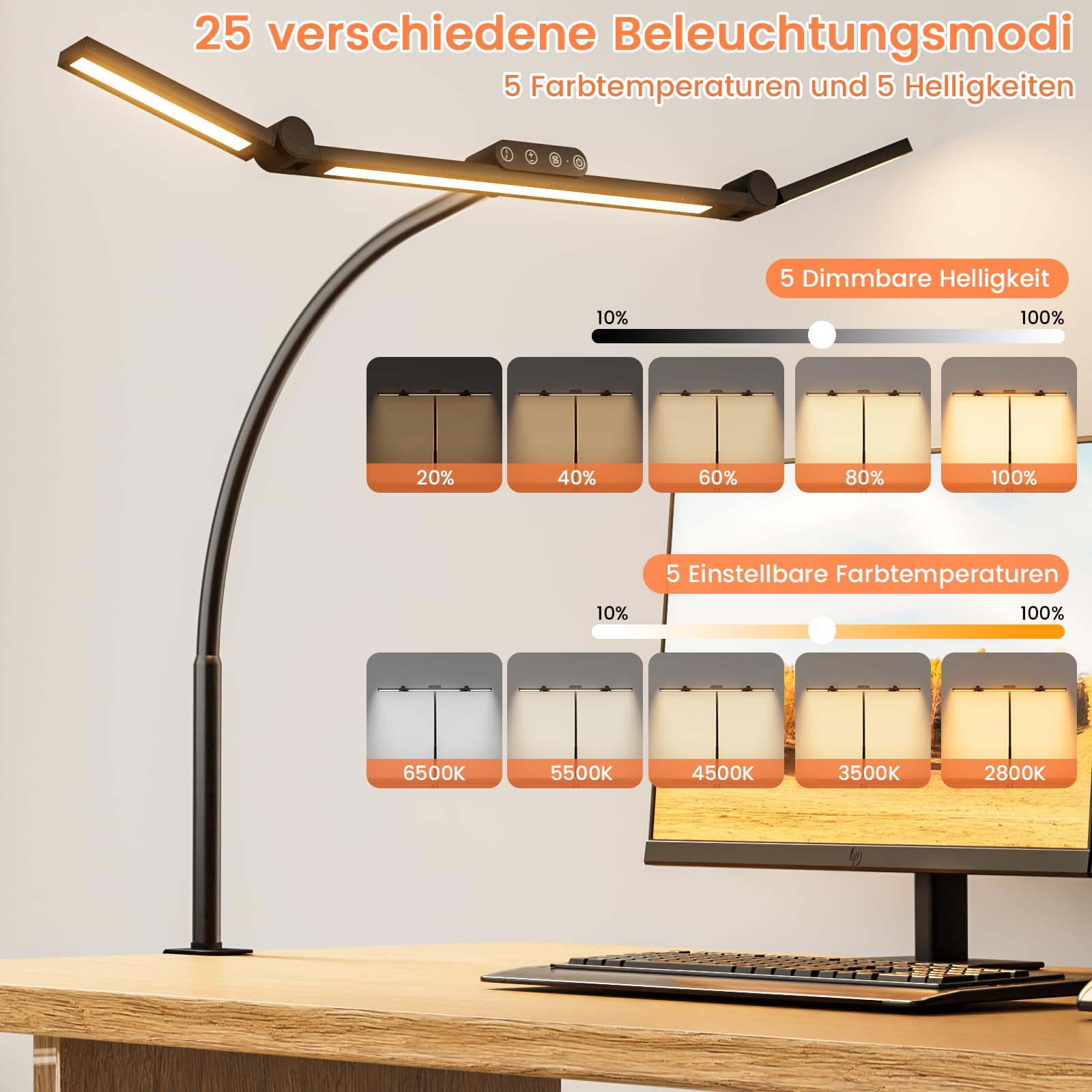 TYEE Schreibtischlampe LED Dimmbar, 24W 3-Lichtbalken LED Schreibtischlampe für Homeoffice, 1500LM Augenschutz Tageslichtlampe mit Fernbedienungen, 5 Farb 5 Helligkeit Büro Tischlampe