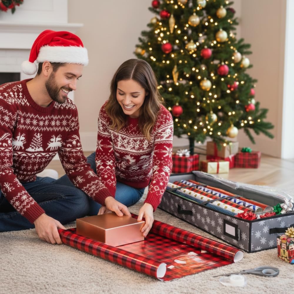 HOLDN’ STORAGE Premium Wrapping Paper Storage Container - Durable 600D Tear-Proof, Fits 27 Rolls Gift Wrap, Extra Pockets for Ribbons & Bows, Underbed Storage - Ideal for Holiday Christmas, Grey/White Snowflakes