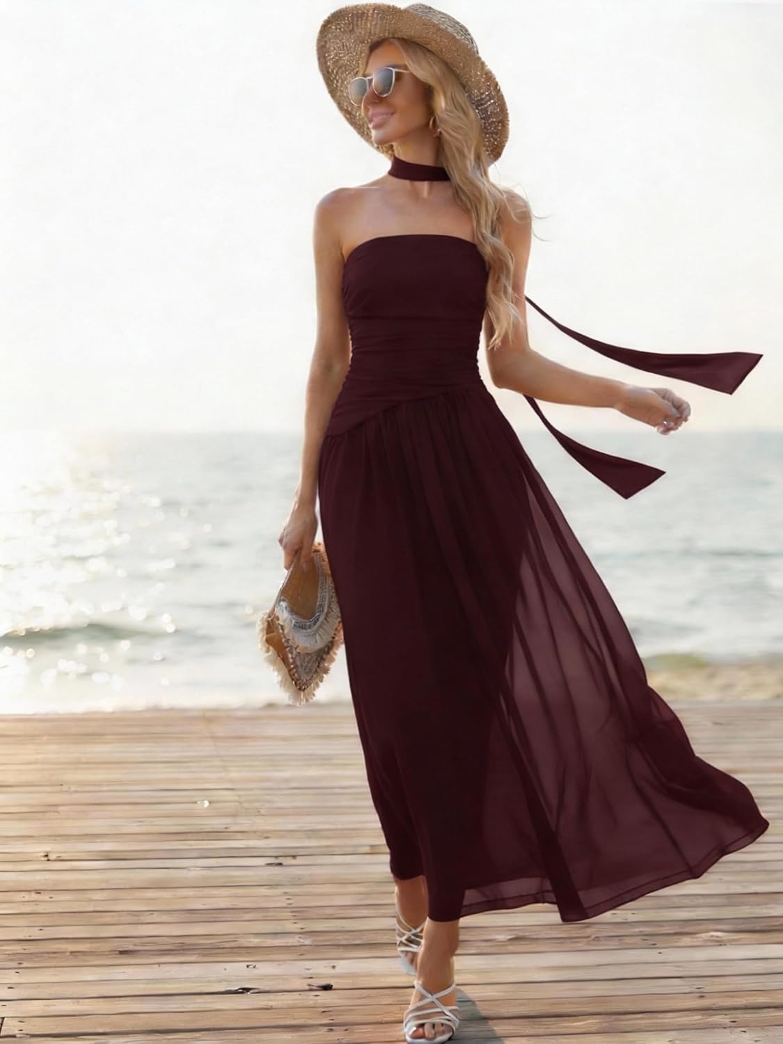 Summer Maxi Dresses for Women 2026 Strapless Ruched Tube Dress with Scarf Beach Vacation Spring Wedding Guest Dress Pockets