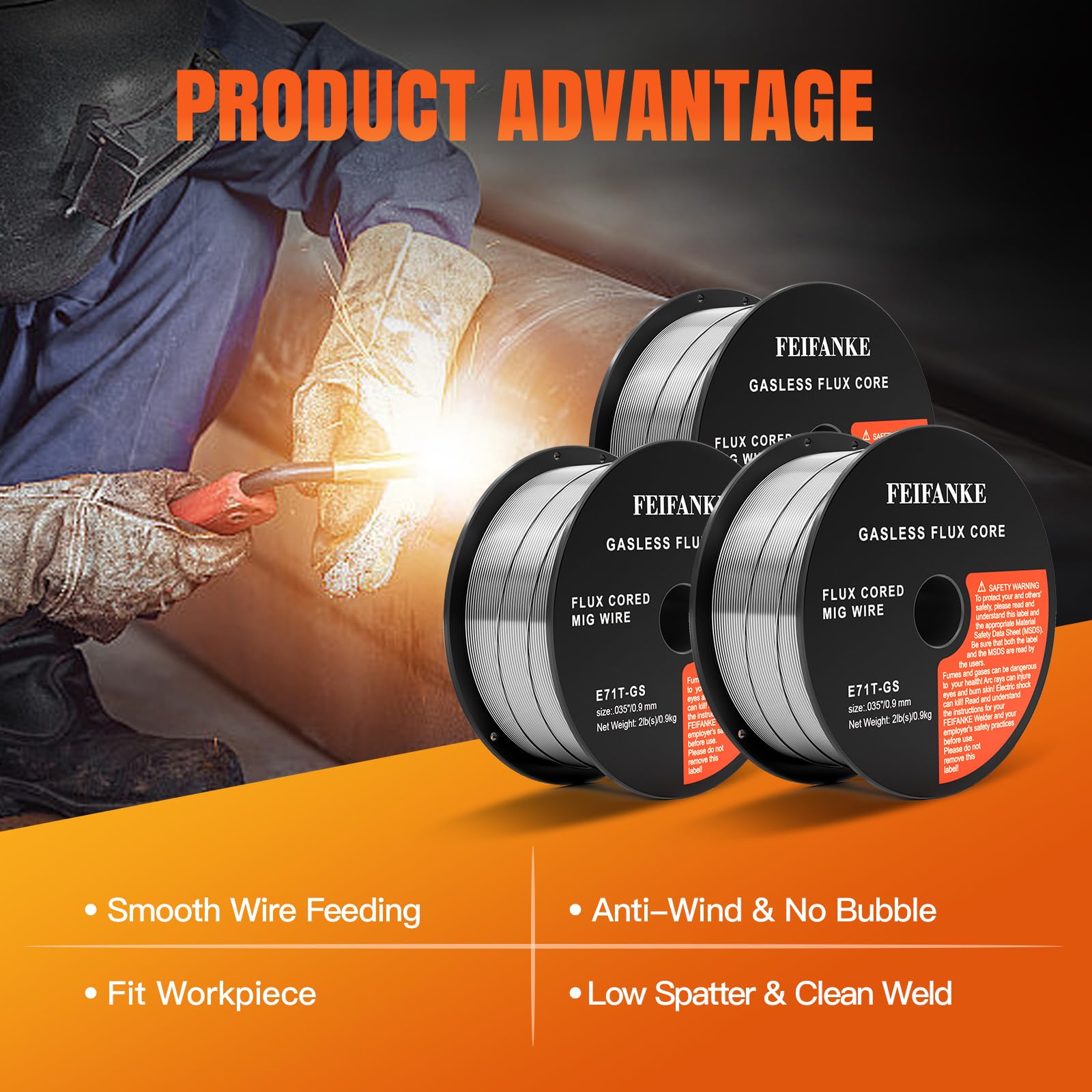 FEIFANKE Flux Core Wire - Filo per saldatura in acciaio dolce E71T-GS, senza gas, 0,9 kg, confezione da 3