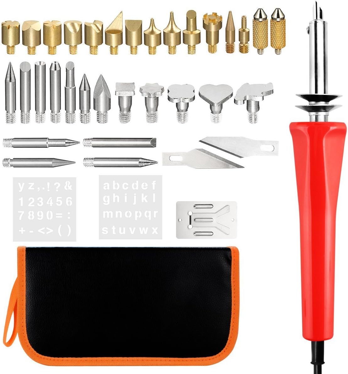 Tinggaoli 38pcs Wood Burning Kit with Soldering Pyrography Woodburning Pen, Embossing/Carving/Soldering Tips, 33 Tips, 2 Stencils, a Metal Stand and Carrying Case