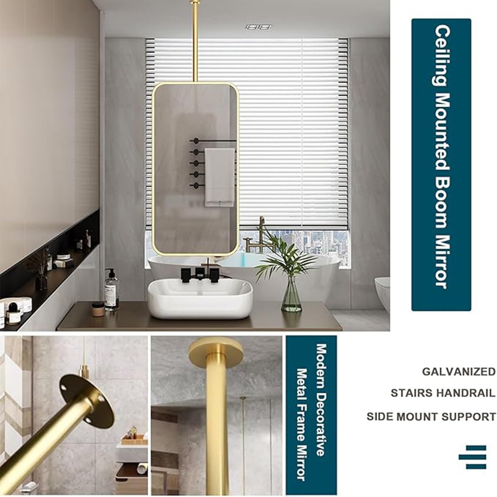 Specchio sospeso a soffitto, specchio da bagno con cornice in metallo nero per parete, specchi quadrati da soffitto, specchi rettangolari da appendere per decorazione da parete