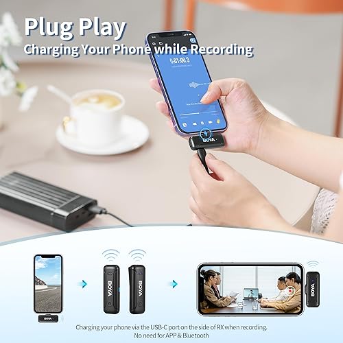 Miniatura 2 de BOYA Micrófono Lavalier inalámbrico dual para Android iPhone 15 USB tipo C Smartphone portátil, batería de 30 horas, mini micrófono de solapa con