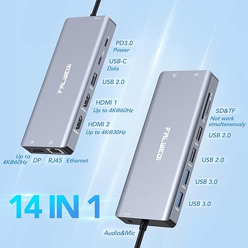 Miniatura 2 de Estación de acoplamiento para portátil con monitor doble, adaptador multipuerto USB C 14 en 1 con 2 HDMI, DisplayPort, Ethernet, SDTF, puertos USB