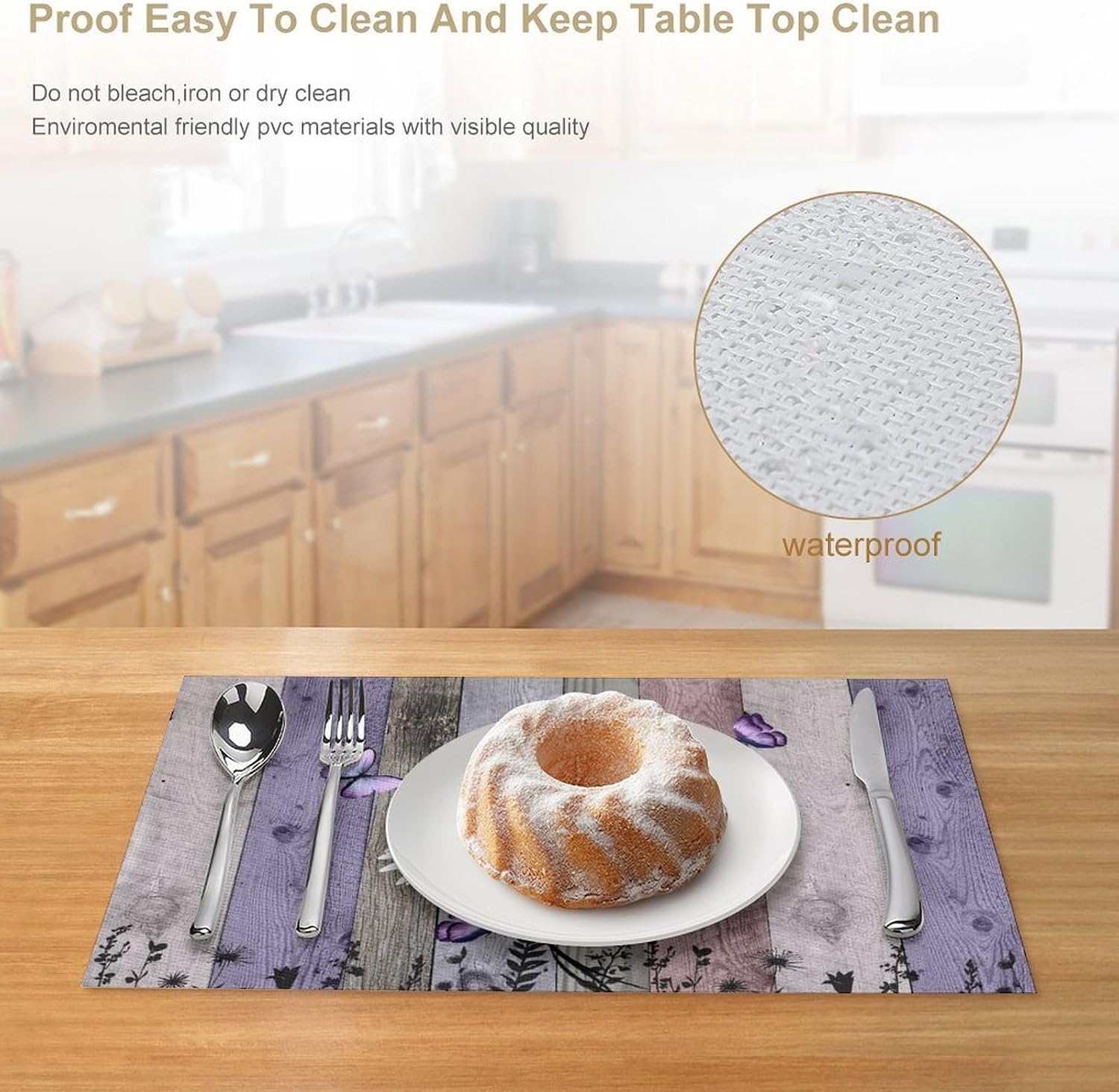 Daisy Floral Placemat Set of 6, 12x18 Inch Rustic Boho Purple Wild Flowers Wooden Butterfly Spring Seasonal Coffee Table Mats for Outdoor Farmhouse Kitchen Dining Table Decoration image 5