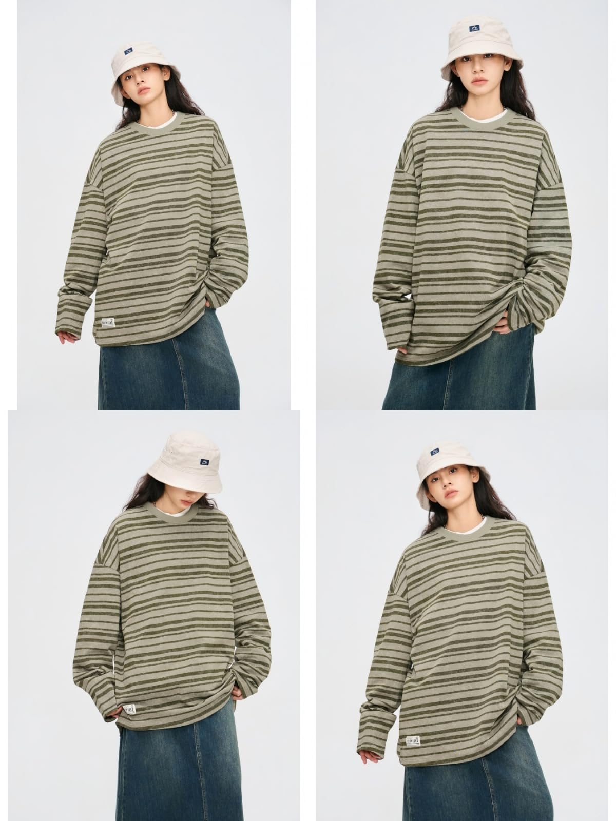 Camiseta Unisex De Algodón Pesado, Camiseta De Manga Corta Informal, Suave Y De Gran Tamaño,Básica,Camiseta A Rayas De Manga Larga, Cuello Redondo Holgado.,Verde Militar,l