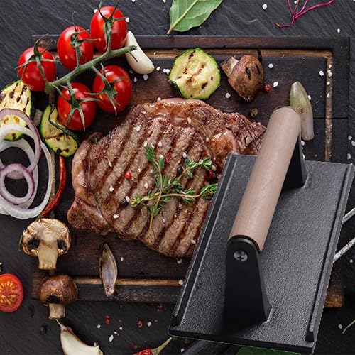 Miniatura 7 de Prensa de hamburguesas, prensa rectangular de tocino con mango de madera, rectangular de hierro fundido resistente para carne con mango de madera,