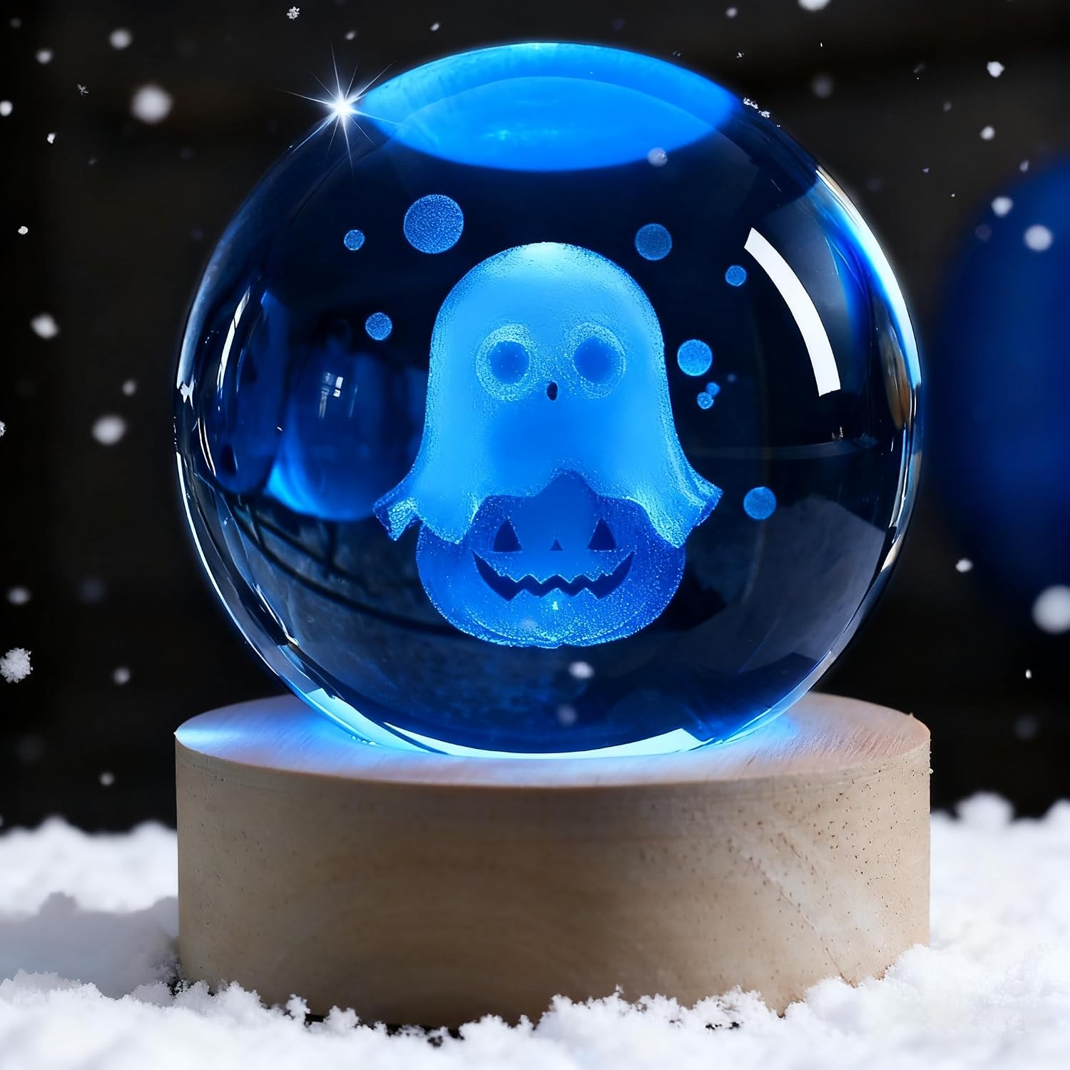 3D Ghost Crystal Ball Night Light,2.36inch Laser Engraved Led Light with Wooden Base, Gifting Box for Birthday Xmas Cool Figurines Gifts for Halloween Room Decor Boys Girls