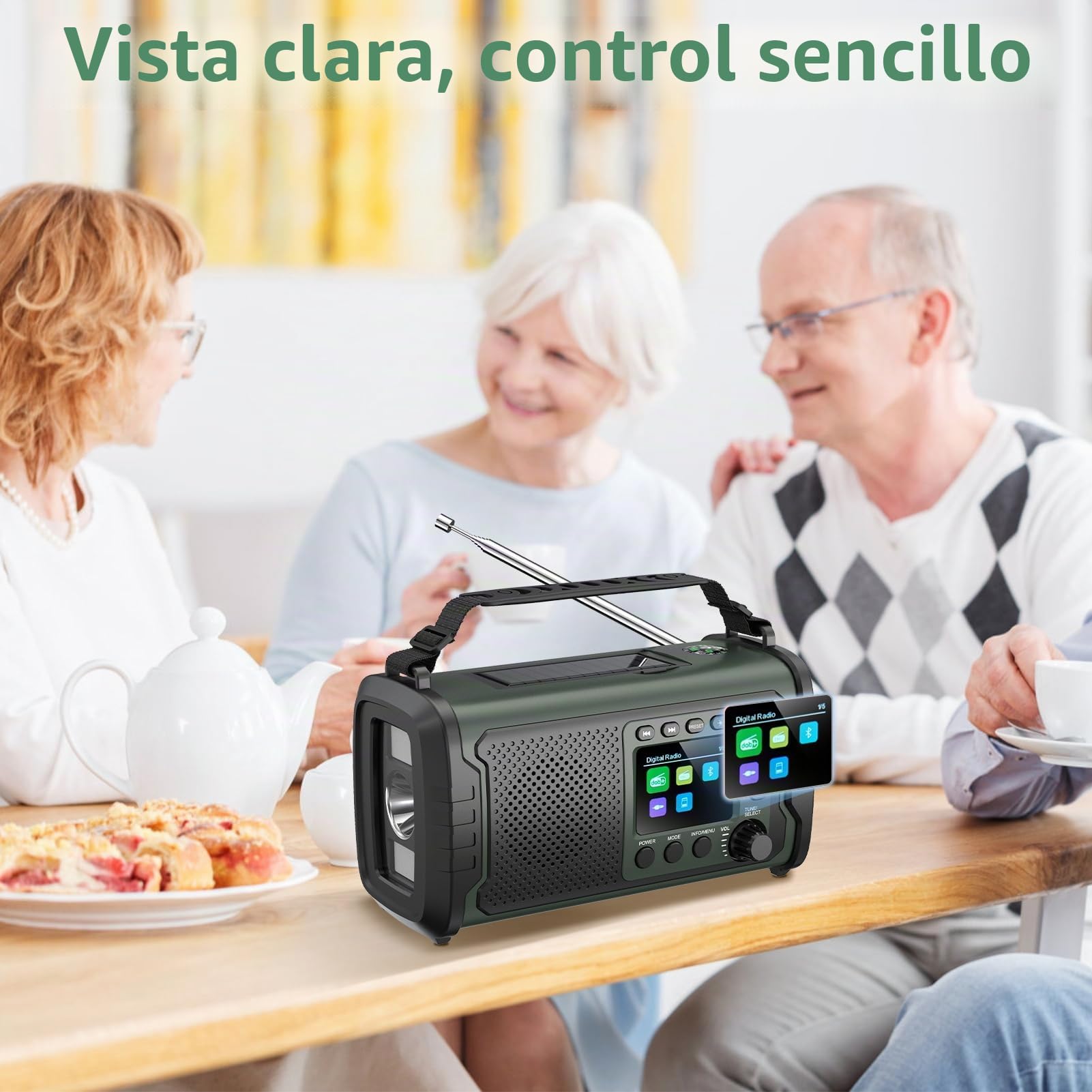 Radio de Emergencia Dab/Dab+ 27000 mAh con Manivela, Solar y Bluetooth 5.3 | Power bank, carga USB, SOS, linterna, luz lectura y brújula, para apagones, camping, autocaravana, Verde Militar