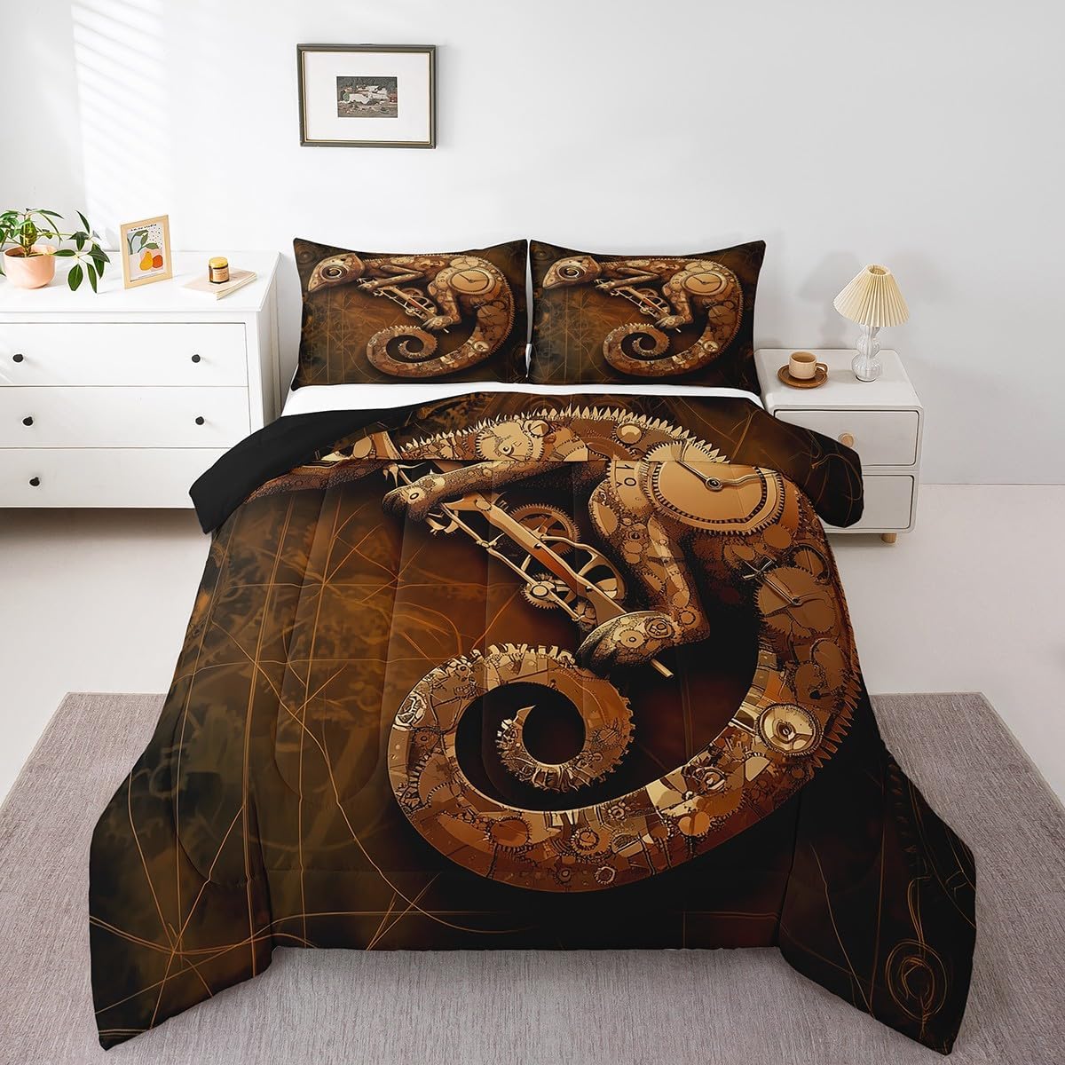 Erosebridal Ndustrial Gear Bedding Set Full Size Steampunk Style Comforter Set Clocks Theme Duvet Set Mechanical Device Comforter Set for Little Kids Boys Teens Retro Room Decorative
