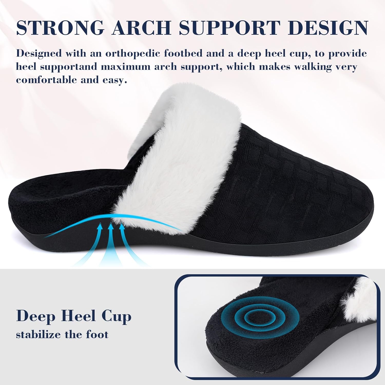 ERGOfoot Orthopedic Slippers for Women, Fuzzy Slipper with Arch Support Bedroom Shoes for Plantar Fasciitis, Slip On Scuffs with Indoor Outdoor Anti-Skid Rubber Sole/Black W7 - Image 3