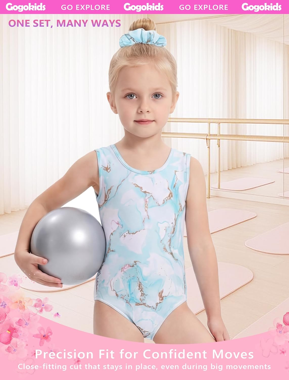 Gogokids Girls Gymnastics Leotards 4 Piece Set, Sleeveless Leotard with Shorts & Crop Top, Stretchy Dance Outfit for 5-12Y