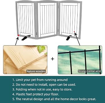 ZJSF Freestanding Dog Fence Indoor, Foldable Dog Gate for Doorways, Stairs or Hallways, Sturdy Wood Extra Wide Pet Gate with Support Feet for The House, Grey, 32 Height-3 Panels