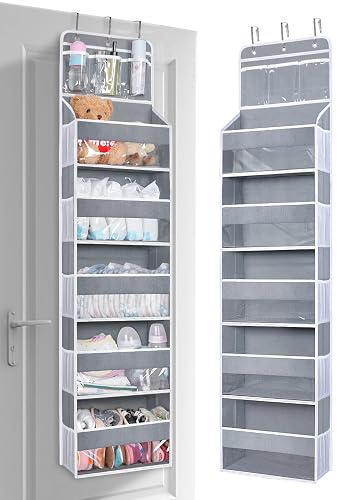 BLOROOM Over the Door Organizer Hanging Storage with 3 Clear Slip Pockets and 5 Large Pockets for Closet Door Organization - Heavy Duty for Bathroom, Pantry, Bedroom, Nursery