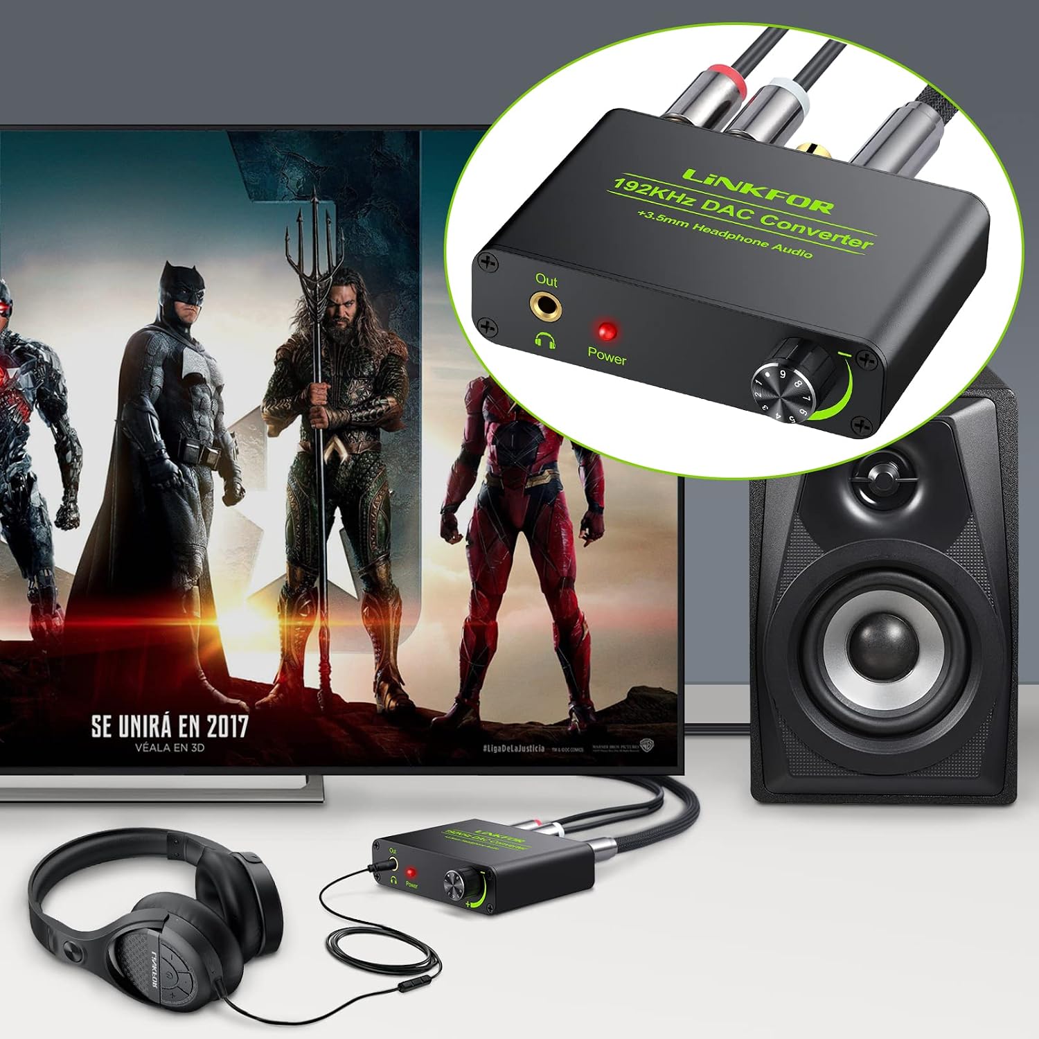 LiNKFOR 192kHz DAC Converter with Volume Control Support Dolby AC-3/DTS 5.1 CH Digital Optical Coaxial SPDIF Toslink to Analog Stereo L/R RCA 3.5mm Jack Audio Adapter Compatible with HDTV PS3 PS4 DVD