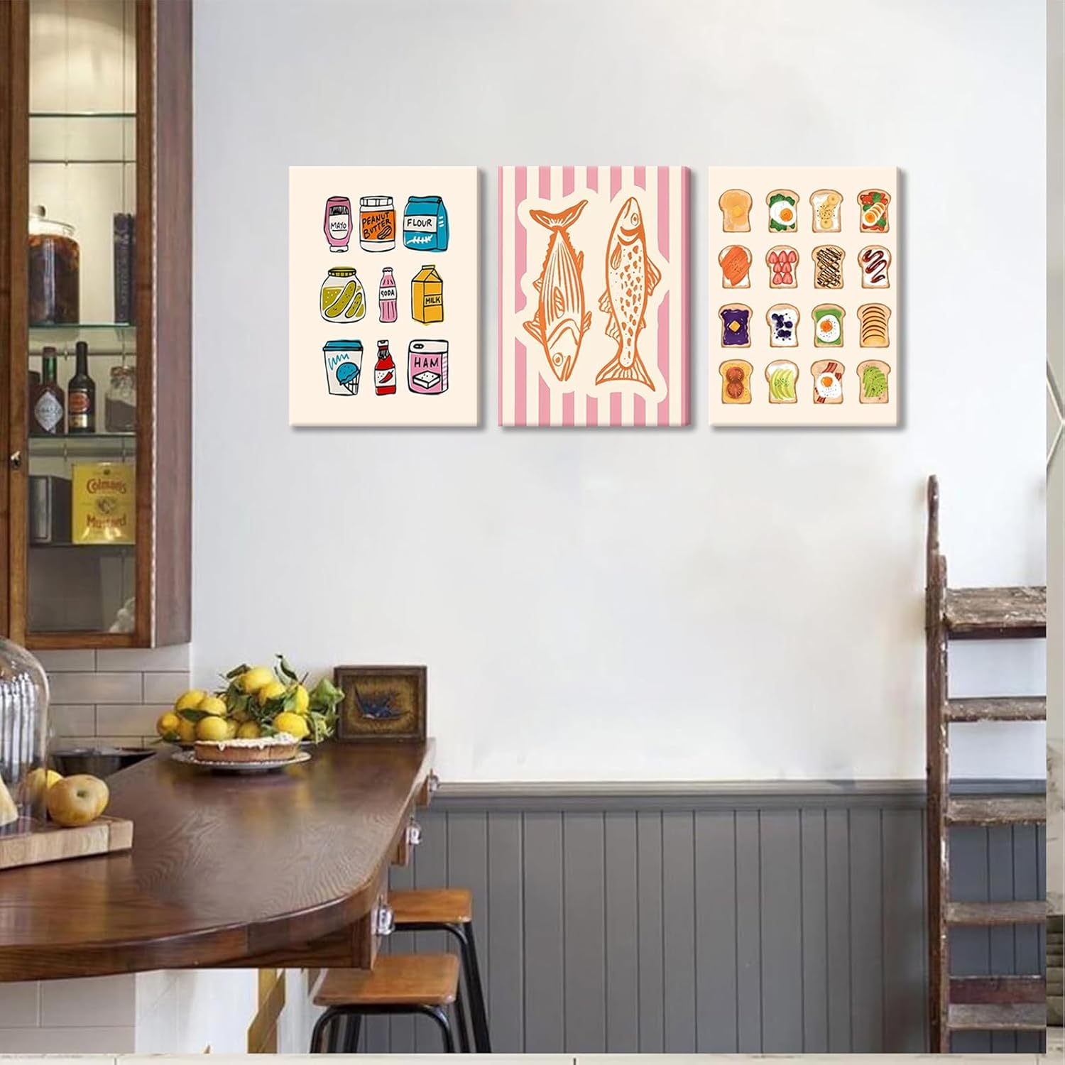 Cute Funny Kitchen Wall Art Set of 3, Fashion Breakfast Food Avocado Toast Canvas Prints Poster, Vintage Simple Sardines Watercolor Picture for Dining Room Kids Room Wall Decor 12x16 Inch Framed - Image 8