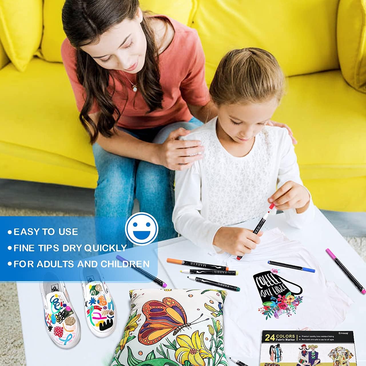 Emooqi Fabric Marker, 24 Colors Textile Marker, No Bleed Fabric Pen Vivid and Washable T-Shirt Marker, Ideal for Decorate T-shirts Bibs Textiles Shoes Handbags Graduation Signatures