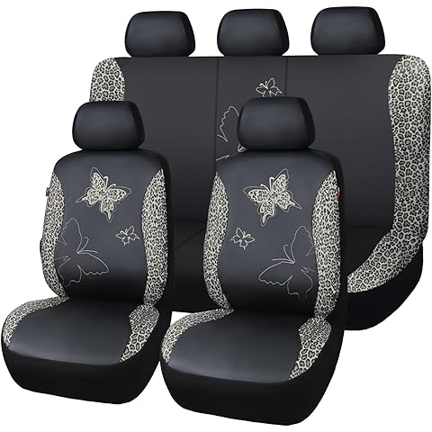 Flying Banner Butterfly car seat Covers ful Set Fashion Universal Lady Woman Female Rear Bench Split Colorized (Full Set - Faux Leather, Leopard Gray)
