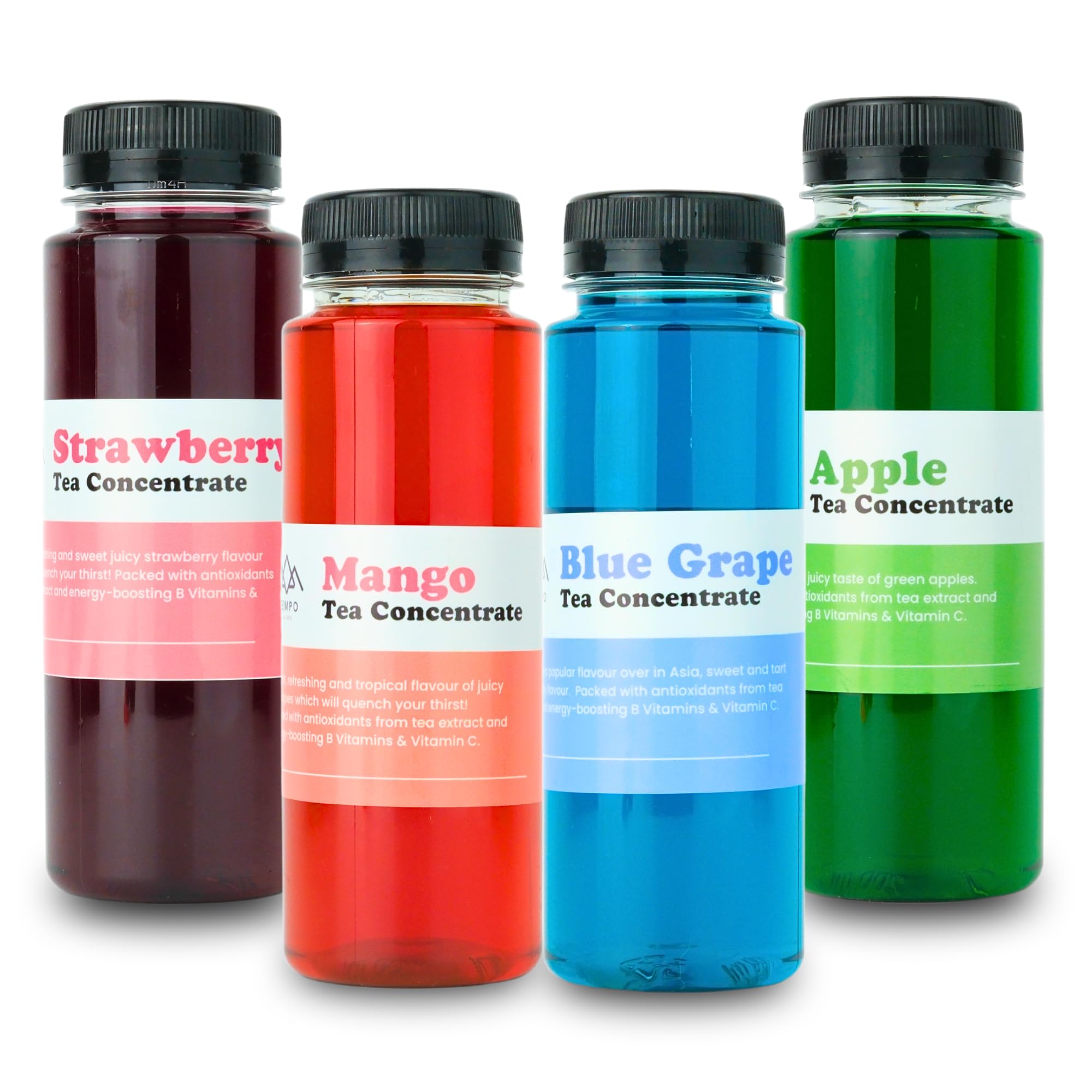 Fruit Tea Concentrate Bundle - Mango, Blue Grape, Strawberry,Apple, Low Calorie, Low Sugar, Serves 32