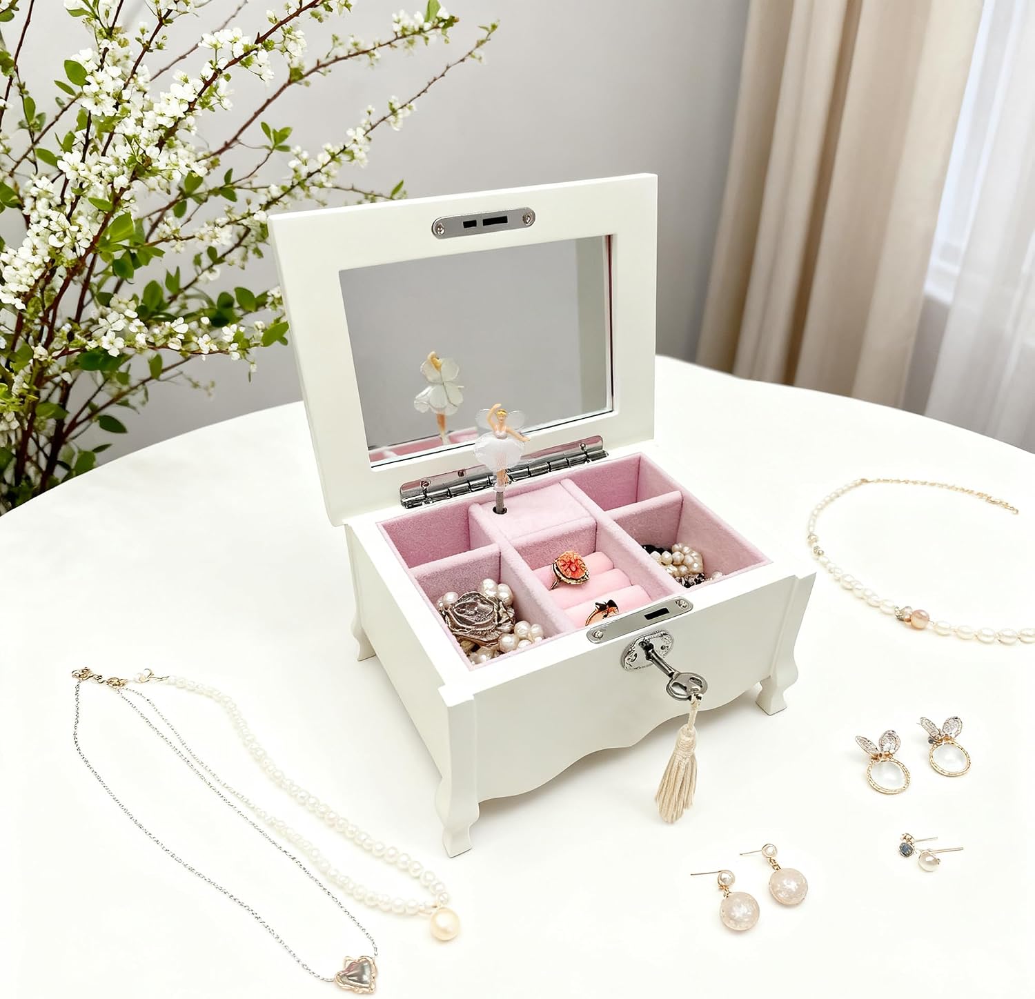 White Footed Ballerina Musical Jewelry Box for Girls, Wooden Jewelry Storage Chest with Mirror & Lock, Swan Lake Tune Music Box, Ideal Kids Gifts for Christmas,Birthday and All Holidays