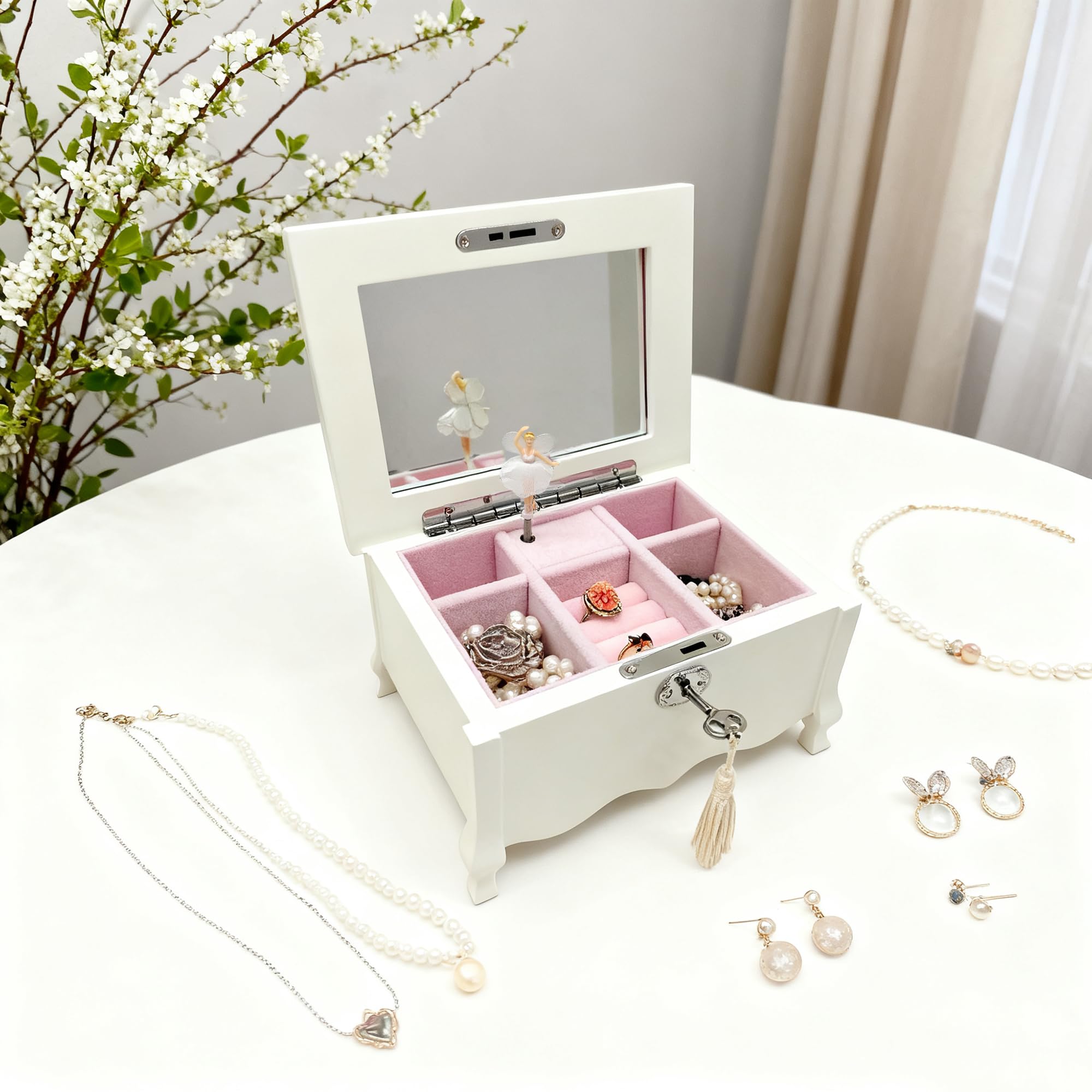 Schmuckkästchen mit Musik, mit Spiegel, Schloss für Mädchen und Frauen, Kinder-Schmuck-Organizer, Geschenk für Weihnachten, Neujahr, Geburtstag, 20,3 x 15,2 x 10,9 cm, Weiß