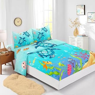 Sea Turtle Fitted Sheet Cartoon Turtle Bed Sheets Reptile Sea Animals Wildlife Bed Cover for Teens Adult Includes 1 Fitted Sheet,1 Flat Sheet,2 Pillowcases