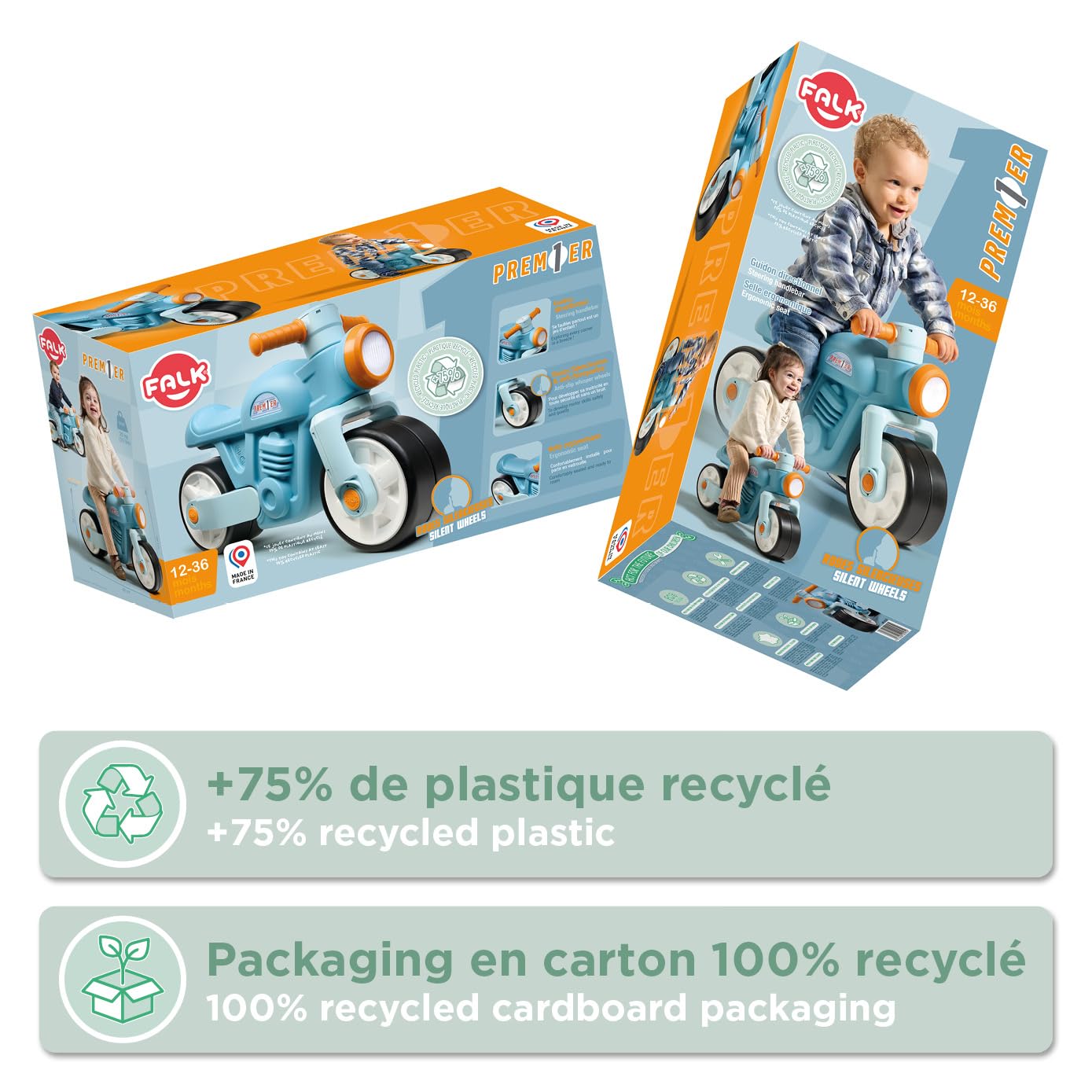 FALK - Draisienne Moto Prem1er - Blu - Ruote extra larghe e silenziose - Manubrio direzionale - Look Vintage - Contiene almeno il 75% di plastica riciclata - Made in France - Da 12 mesi - 452S