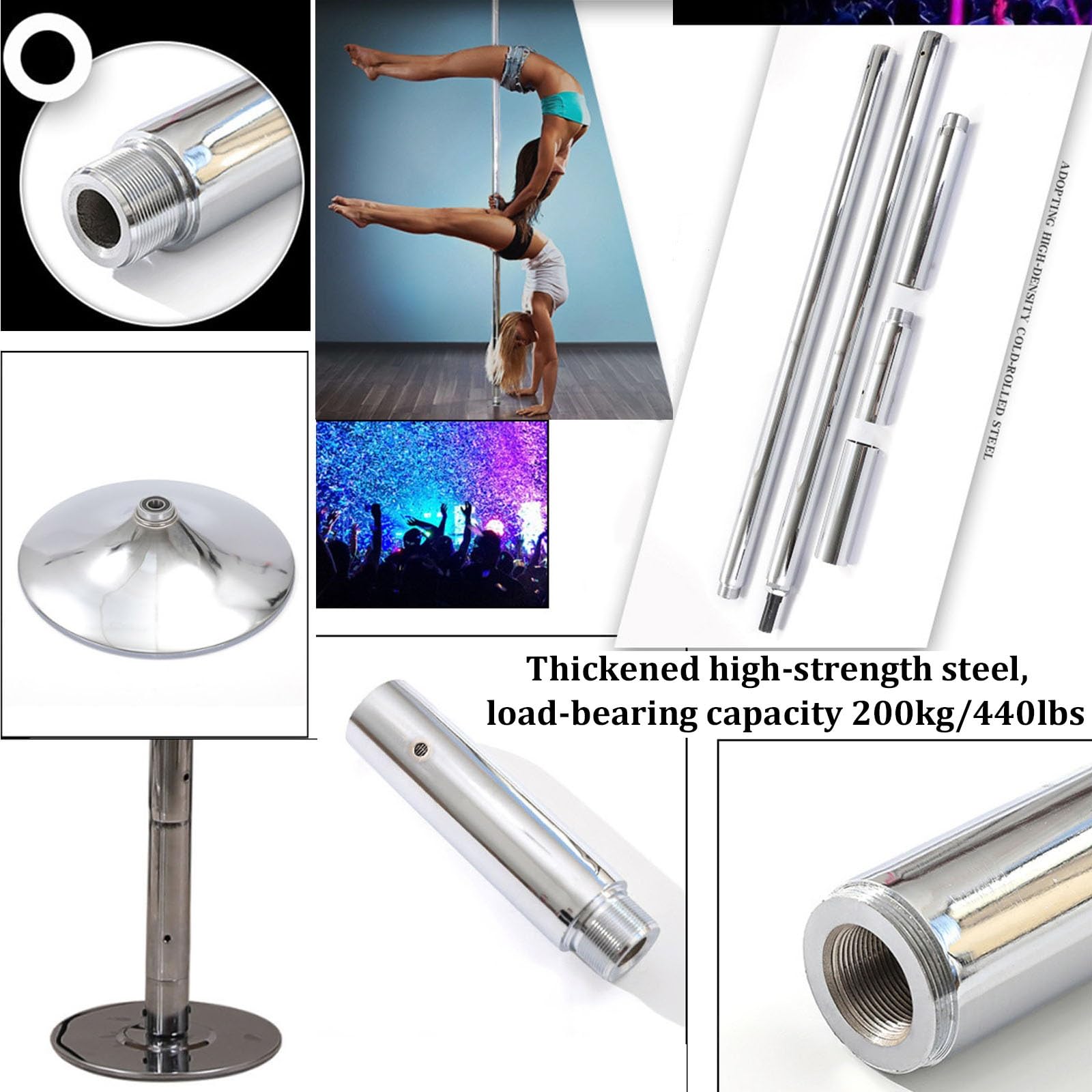 Tragbare, 45 mm drehbare und statische Tanzstange, höhenverstellbar von 2,30 bis 2,70 m, für Heim- und Clubauftritte, Übungsgewicht 200 kg, Silber