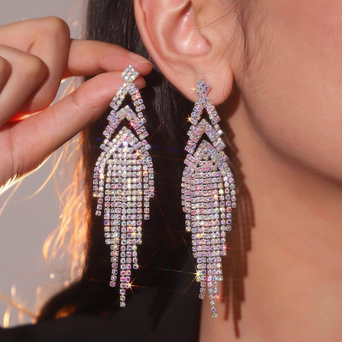 Rhinestone Tassel Earrings Sparkly Long Fringe Crystal Chandelier Dangle Drop Earrings Wedding Party Prom Earrings Premium Iridescent Earrings Wedding Party Jewelry Gifts for Women image 2