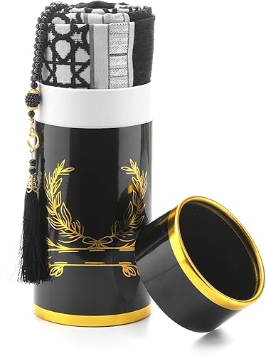 Miniatura 4 de Alfombra de oración musulmana y cuentas con elegante caja de regalo cilíndrica, felpilla tejida fina, para hombres, mujeres y niños, tapete islámico