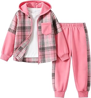 Girls 2Pcs Zip-Up Plaid Flannel Hoodie & Jogger Set | 2-piece girls' fall/winter set. Zip-up plaid flannel hoodie and jogger sweatpants. Fits girls 3-12Y