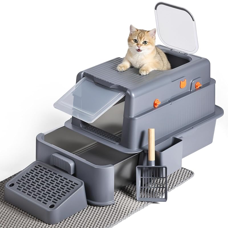 Caixa de areia fechada para gatos com gaveta em aço inoxidável Wagora Grey X-Large