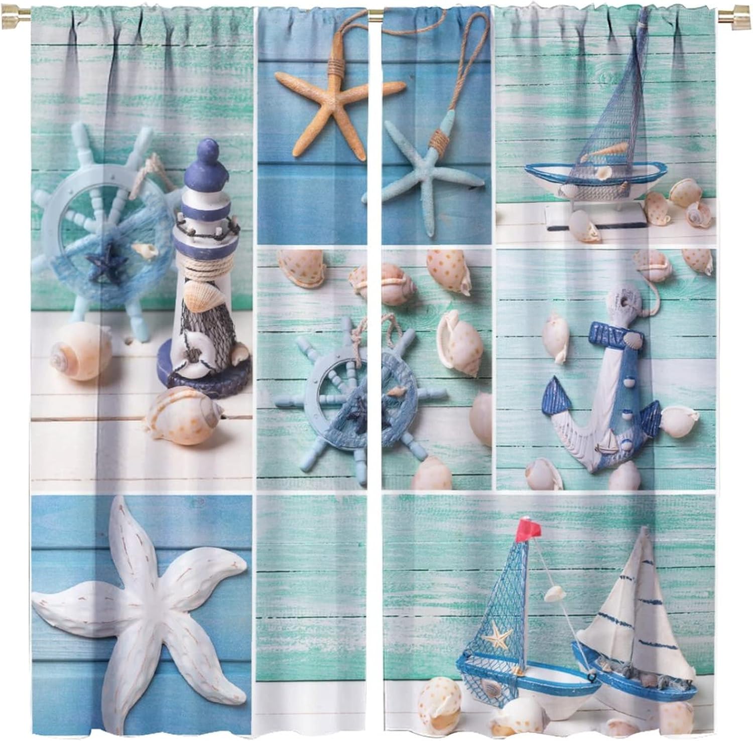 Nautical Curtains, Lighthouse Ship Rudder Theme Starfish Shell Conch Pattern, Bedroom Living Room Kitchen Cafe Window Trim Curtains 2 Panels, 42 X 45 in.