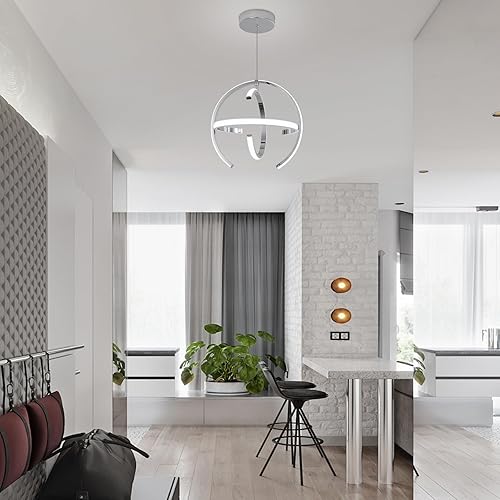 Miniatura 7 de Chrome Modern LED Pendant Light, Silver Dimmable Metal Globe Chandelier, Hanging Ceiling Light Fixture for Room Dining Bedroom Living Room Kitchen