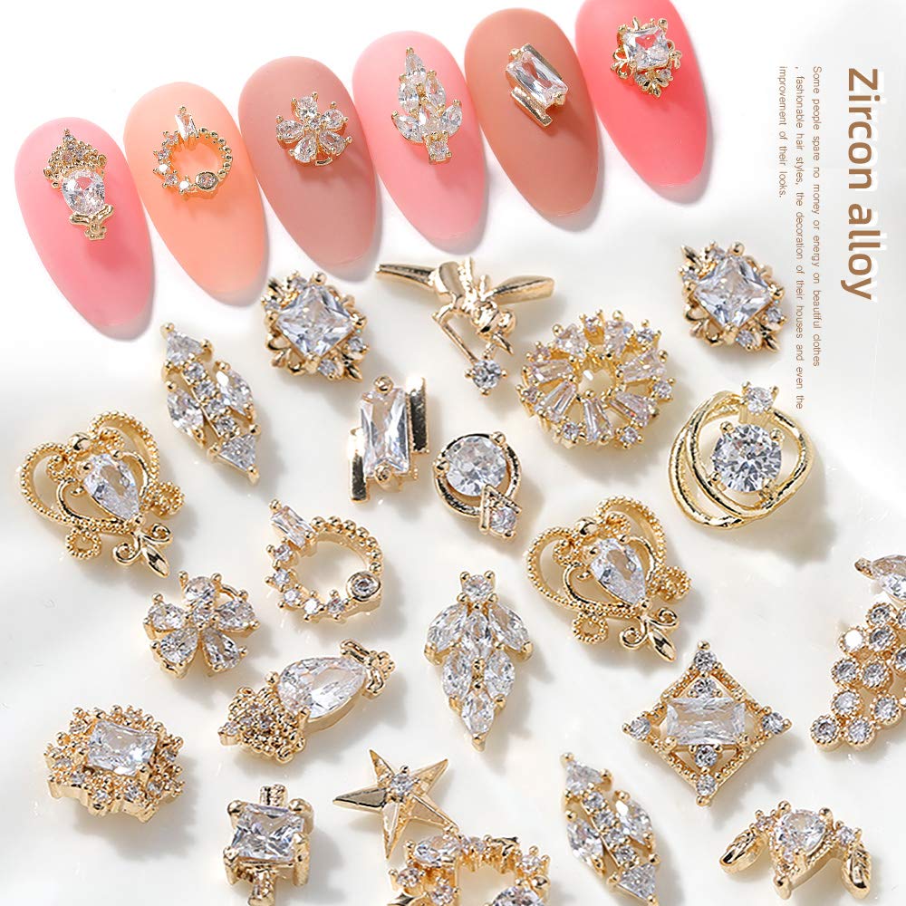 Nail Charms and Gems - Gold Copper Zircon, Multiple Shapes, Metal Jewelry Rhinestones Charms, 22Piece