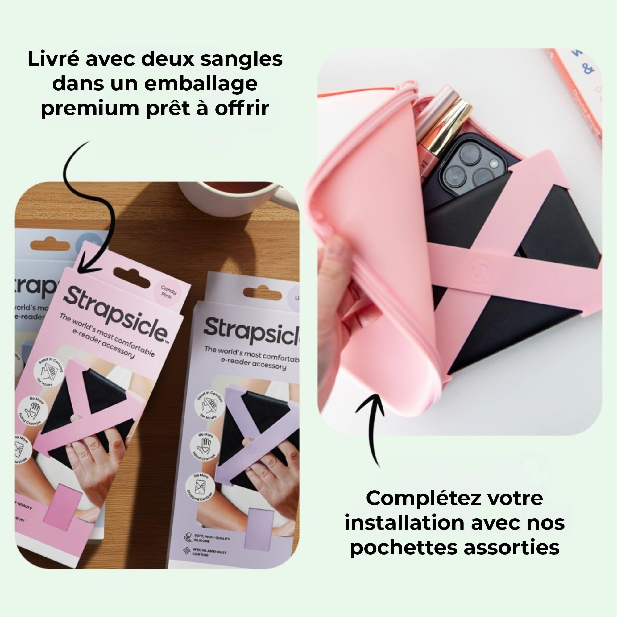 Strapsicle Sangle Main pour Kindles & Kobos – Convient Paperwhite Gen 11/12 (6,8”/7”), Signature Edition – Colorsoft – Lot de 2 – Grand – Blush