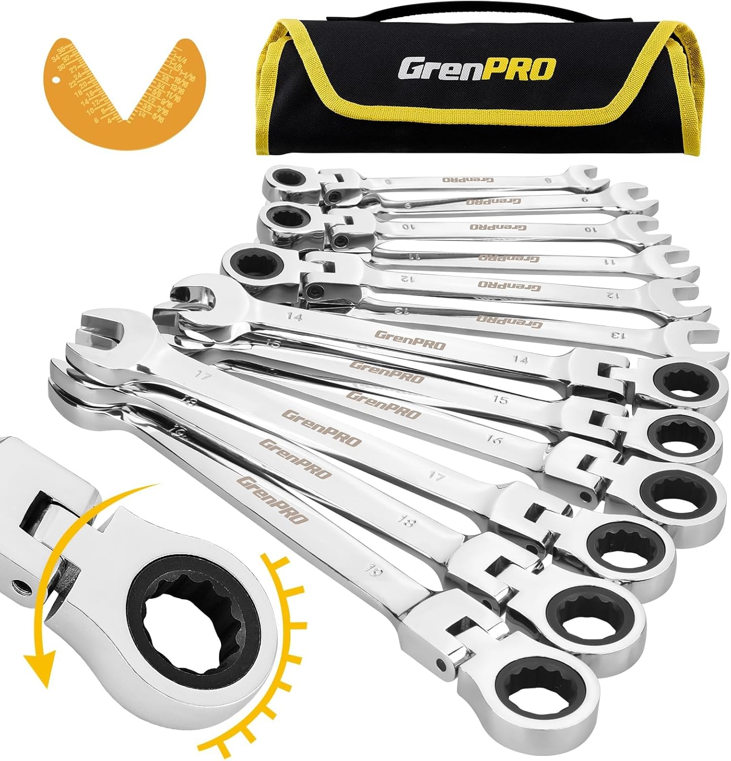 13-Piece Flex Head Ratcheting Wrench Set (8-19mm) by GRENPRO