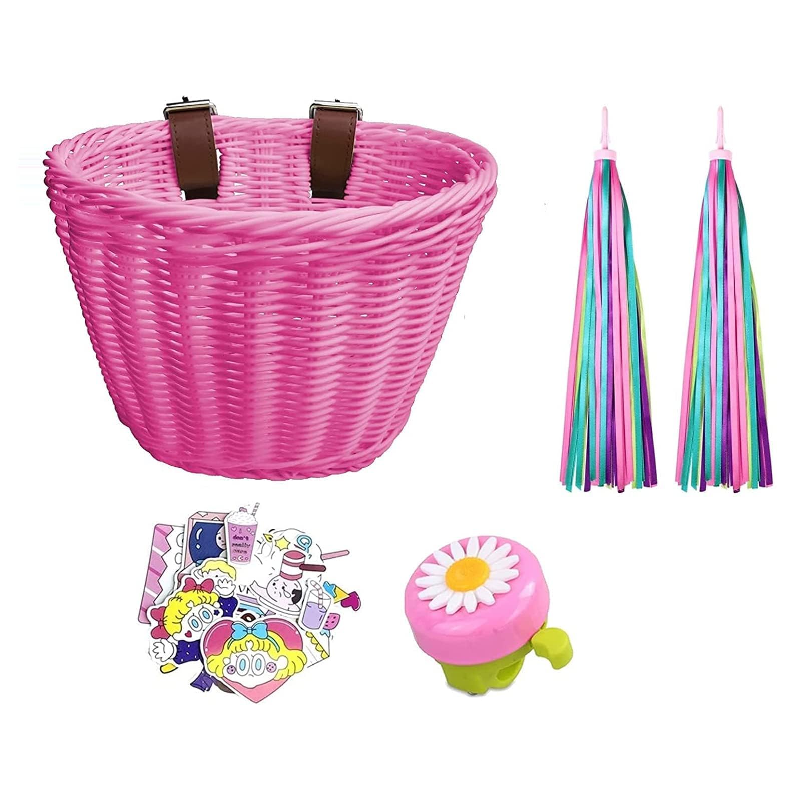 Kids Bike Basket, Wicker Basket, Handlebar Bicycle Basket for Girls with Unicorn Necklace, Bike Bell, Streamers, Stickers Bike Decoration Accessories Set