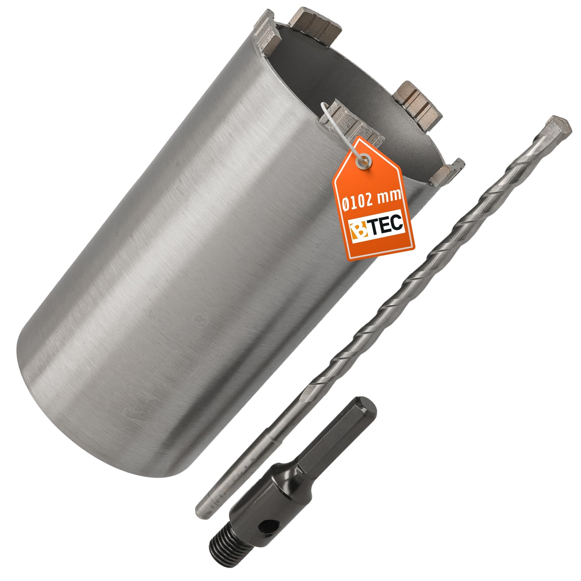 Corona de perforación de diamante, alojamiento hexagonal y broca de centrado, longitud útil de 180 mm, diámetro de 102 mm