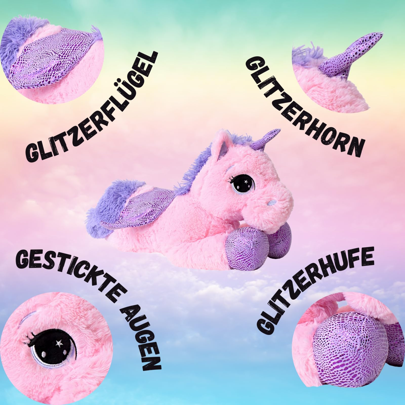 TE-Trend Peluche Cavallo Unicorno Sdraiato 60cm Fucsia O Bianco Con Lilla Applicazioni E Ali - rosa