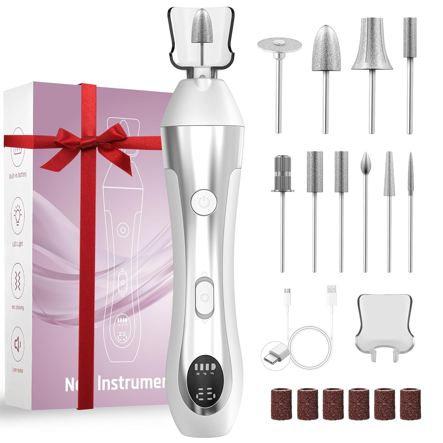 Nail Drill with LED Display ,Manicure Pedicure 10-Speed Cordless Electric Nails File,Rechargeable,10 in 1 Nail Drill Professional Ideal for Home, Beginners,Women