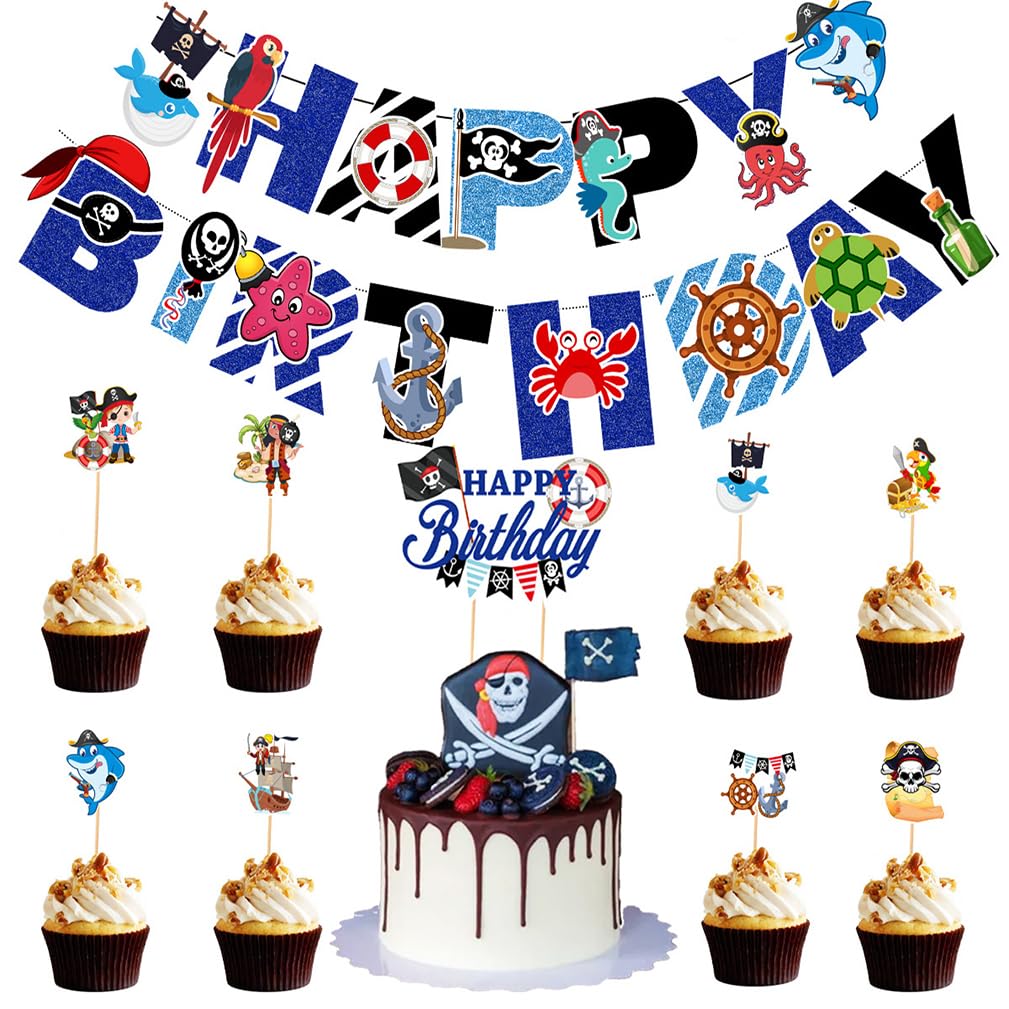 Guoguonb Theme Pirate Birthday Party Decoration 1x Large Happy Birthday Cake Topper 8x Pieces Cupcake and 1x Pirate Series Banner for Girl Boy Kids Halloween Party Muffin Decoration
